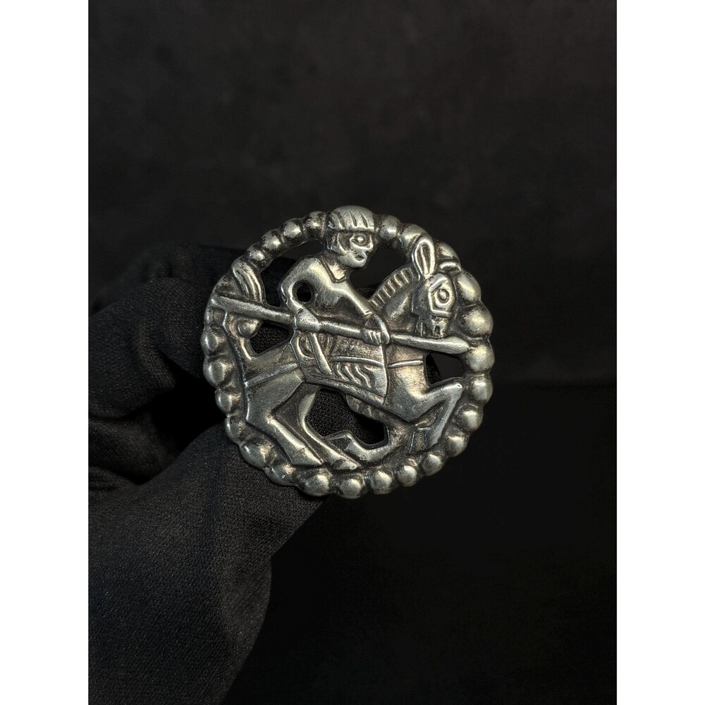 Vintage Pewter Horseman Brooch Equestrian Rider Spear Openwork Pin